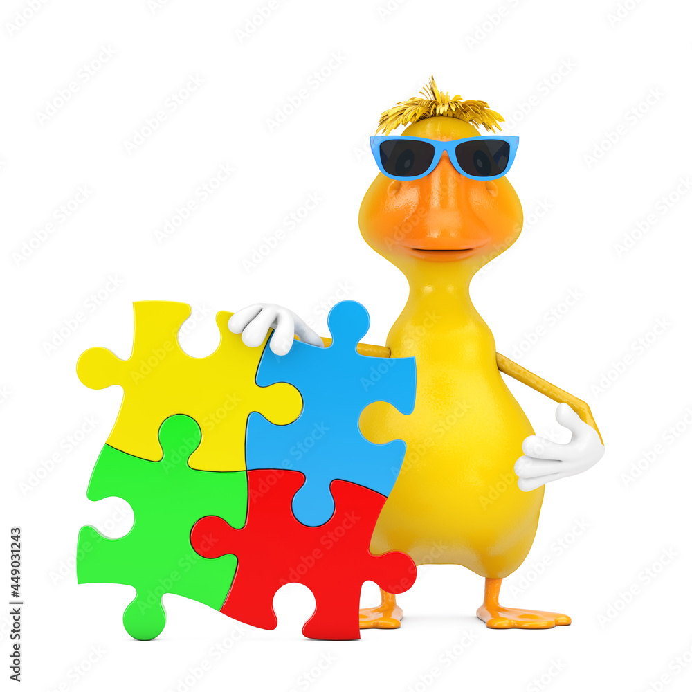 Cute Yellow Cartoon Duck Person Character Mascot with Four Pieces of Colorful Jigsaw Puzzle. 3d Rendering