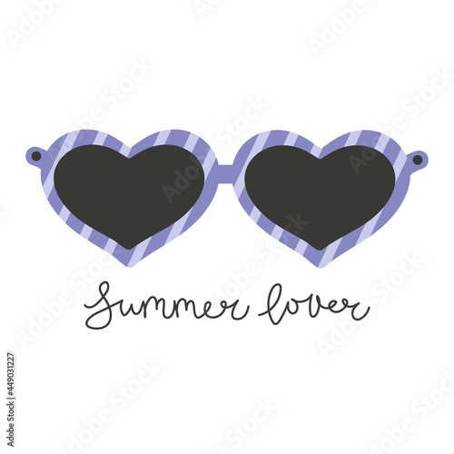 Vector illustration of blue sunglasses in shape of heart with lettering prase Summer lover