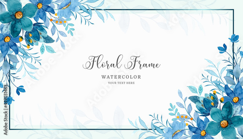 Blue floral frame background with watercolor