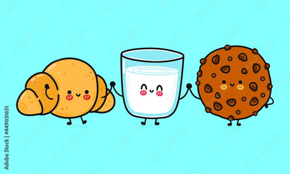 Funny cute happy chocolate cookies, glass of milk and croissant
