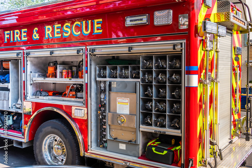 Firetuck with Fire and Rescue Lettering and emergency equipment photo