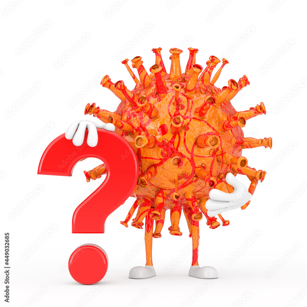 Fototapeta premium Cartoon Coronavirus COVID-19 Virus Mascot Person Character with Red Question Mark Sign. 3d Rendering