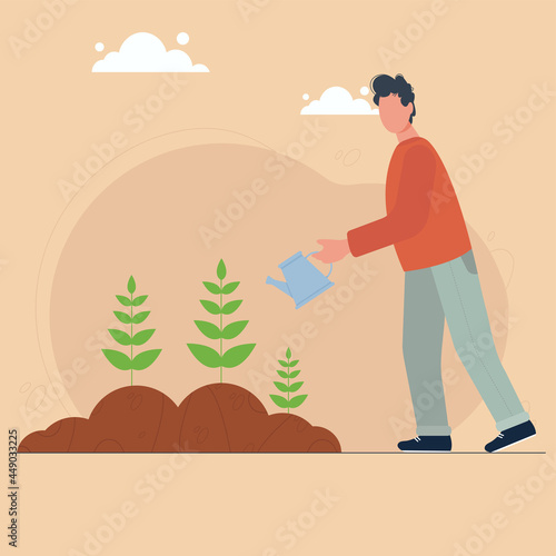 Boy gardener watering plant bed. Farming man with watering can. Rural life, agriculture, planting trees, flowers, vegetables, seeding.