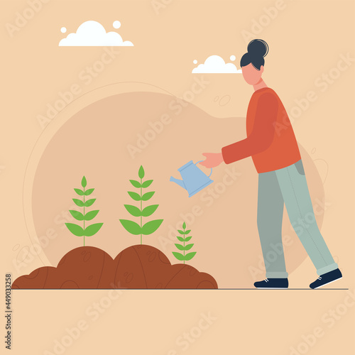 Girl gardener watering plant bed. Farming woman with watering can. Rural life, agriculture, planting trees, flowers, vegetables, seeding.