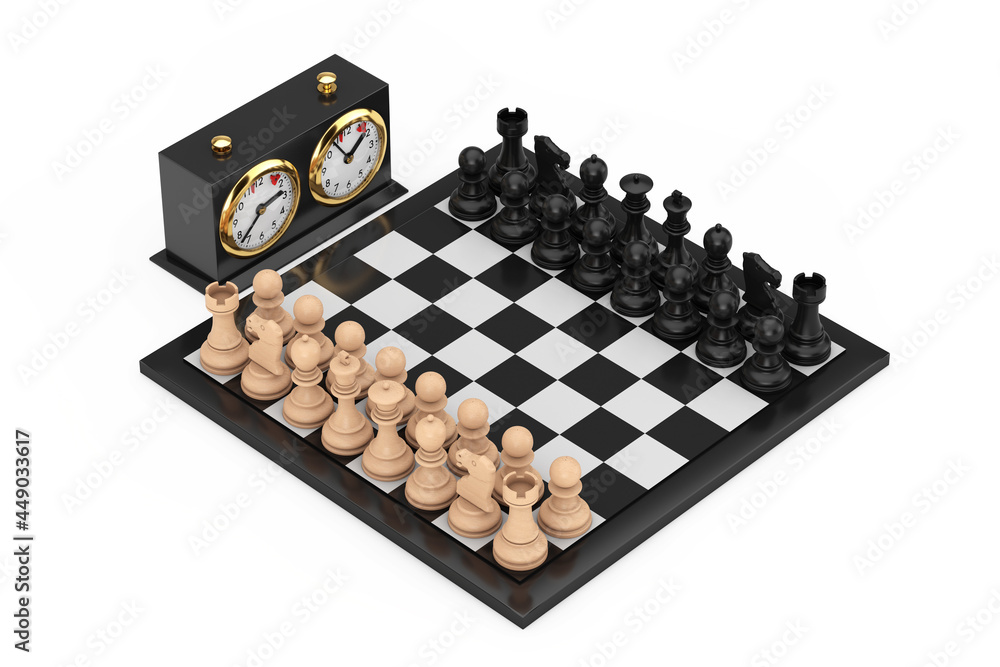 Chess with Chess board and Chess Clock. 3d Rendering Chess with Chess board and Chess Clock. 3d Rendering