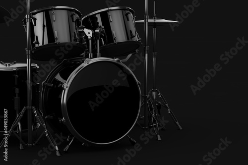 Black Professional Rock Black Drum Kit, Blank Bottom Big Drum with Free Space for Your Design. 3d Rendering