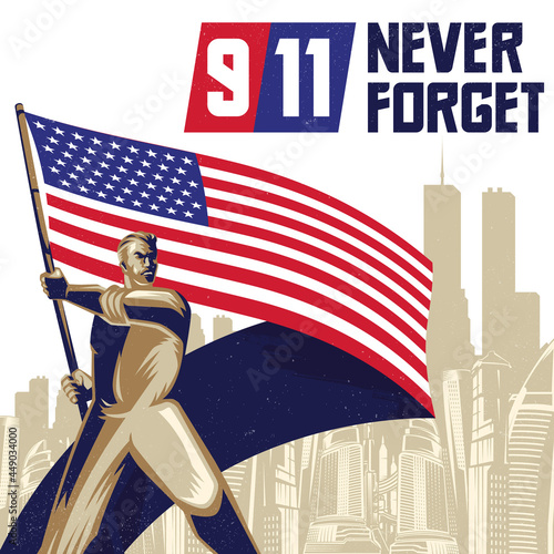 Man holding an American flag 9.11 patriot day background illustration