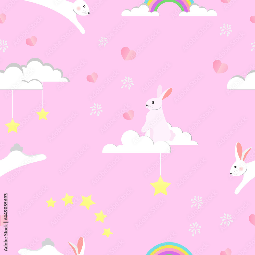 Vector illustrations of abstract rabbit cartoon seamless pattern cute. Good for backgrounds, textiles, fabrics, wrapping paper and wallpaper on pink background. Vector illustrations of abstract rabbit cartoon seamless pattern cute. Good for backgrounds, textiles, fabrics, wrapping paper and wallpaper on pink background.