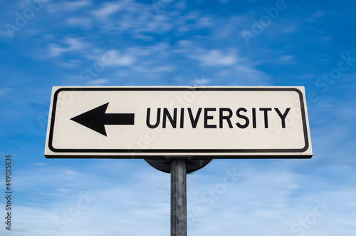 University road sign, arrow on blue sky background. One way blank road sign with copy space. Arrow on a pole pointing in one direction.