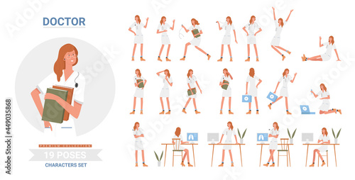 Doctor woman poses vector illustration. Cartoon medical staff character at work in hospital, female nurse takes care patients, standing and sitting with emergency medicine bag isolate