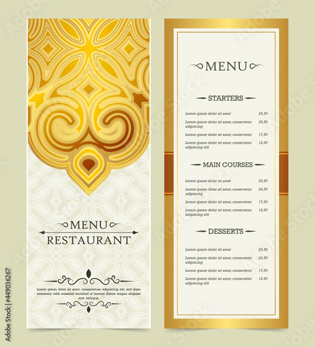 Gold restaurant menu with elegant ornamental style