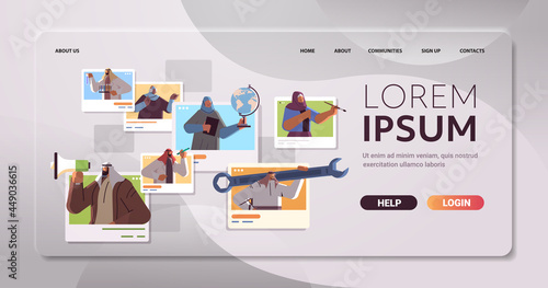 set arab people of different occupations workers in web browser windows collection horizontal