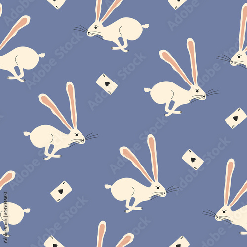 Jumping white rabbits with long ears and playing card on a blue background. Fabulous hares with aces of spades hand drawn vector illustration. Bunny in wonderland seamless pattern.