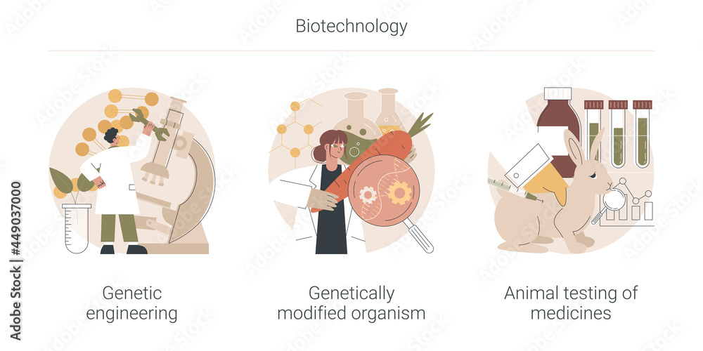 Biotechnology abstract concept vector illustration set. Genetic engineering, genetically modified organism, animal testing of medicines, transgenic organism, lab experiment abstract metaphor.