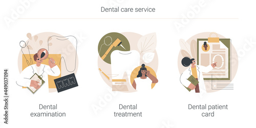 Dental care service abstract concept vector illustration set. Dental examination and treatment, patient card, visit a dentist, toothache emergency help, orthodontic procedure abstract metaphor.