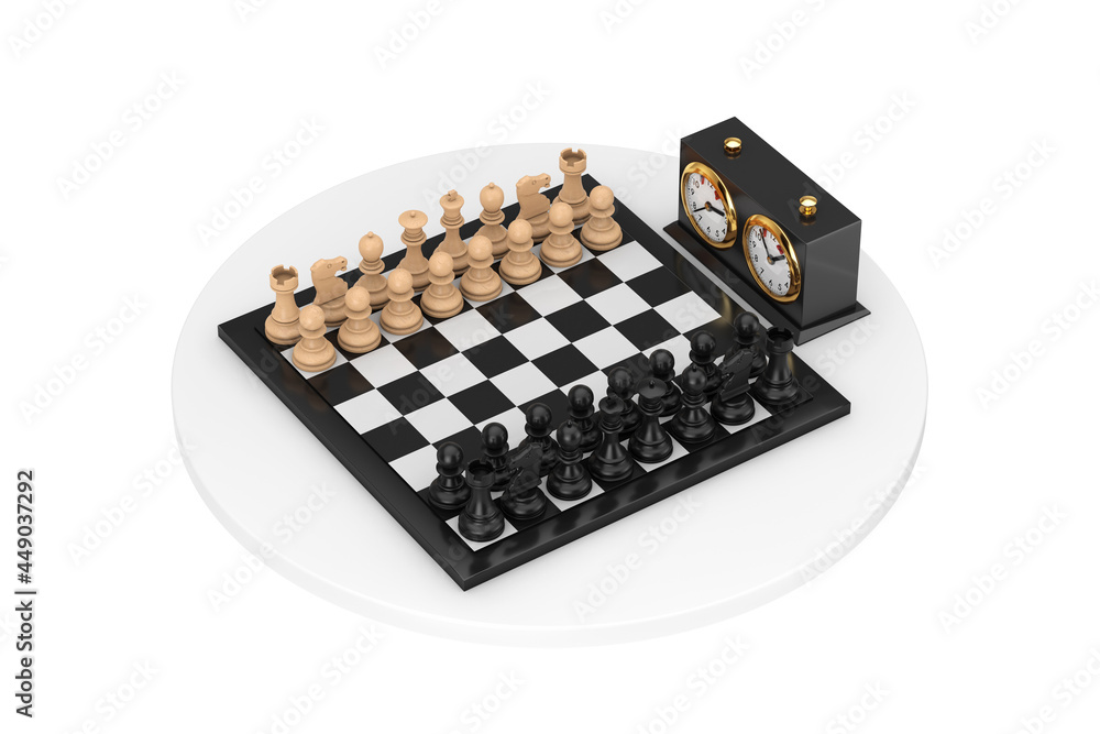 Chess with Chess board and Chess Clock. 3d Rendering Chess with Chess board and Chess Clock. 3d Rendering