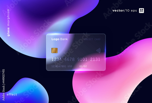 Vector image in the style of Glass Morphism.
Translucent bank card, frosted glass and abstract shapes. Place for your text.