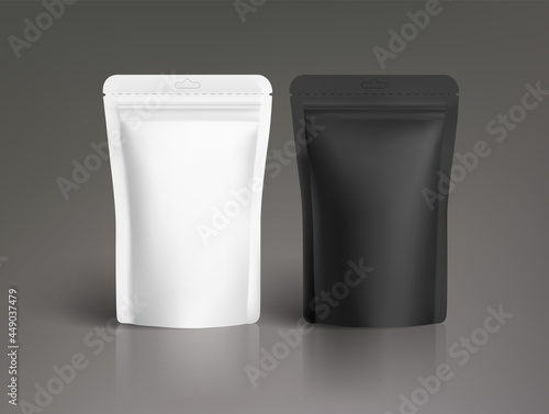 Realistic mockup set of vector coffee zip package design white and black colour. Isolated paper food package blank Mock Up template for your branding design
