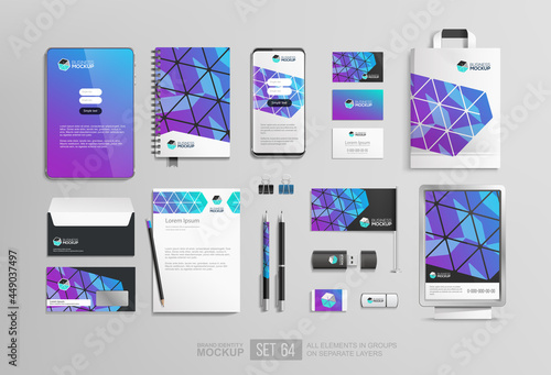 Business stationery items with corporate brand identity design on vector mockups. Abstract geometric graphics on white shopping bag, blank, light box, office equipment