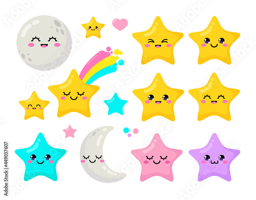 Vector set of cute kawaii style stars and moon - good night elements for sticker or badge design. Cartoon baby star icons. Isolated on white illustration