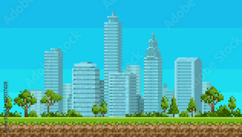 Pixel art 8 bit urban landscape with park on city background for retro video game design. Pixel skyscraper illustration