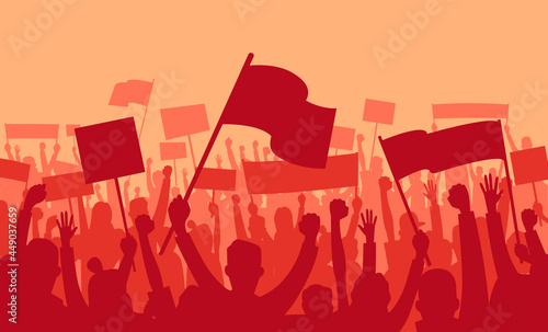 Silhouette of riot Mass protest crowd demonstrators with banners and flags. No War. Politics Protest and revolution. Demonstration crowds people with raised hands and banners or. Vector illustration