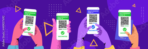 vaccinated persons using digital immunity passport on smartphone screens risk free covid-19 pandemic