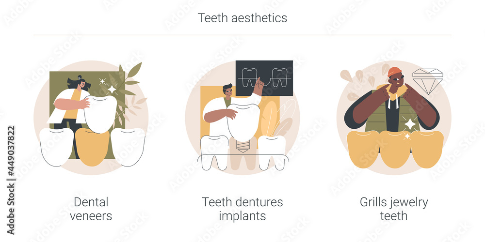Teeth aesthetics abstract concept vector illustration set. Dental veneers, teeth dentures implant, grills jewelry, celebrity smile, whitening, cosmetic dentistry, orthodontic clinic abstract metaphor.