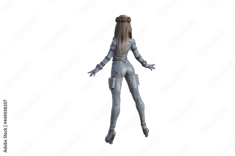 Girl from the future, dressed in a futuristic suit. Cartoon figure with different poses, 3d illustration, 3d rendering. Girl from the future, dressed in a futuristic suit. Cartoon figure with different poses, 3d illustration, 3d rendering.