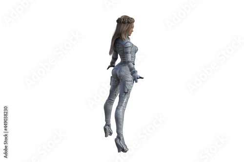 Girl from the future, dressed in a futuristic suit. Cartoon figure with different poses, 3d illustration, 3d rendering.
