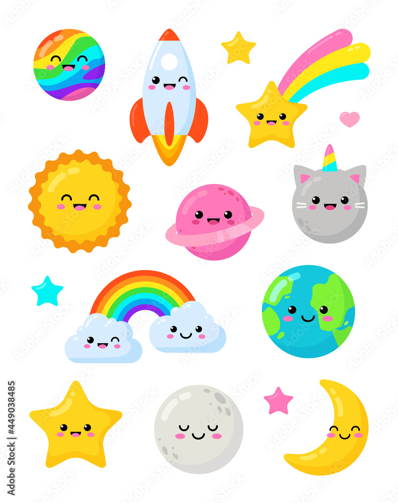 Cartoon kawaii style icon set of baby sun, falling star, moon, rocket and planets. Cute sticker set with Earth planet and space objects with different emotions. For print or pattern design Cartoon kawaii style icon set of baby sun, falling star, moon, rocket and planets. Cute sticker set with Earth planet and space objects with different emotions. For print or pattern design