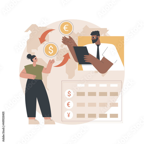 Currency exchange abstract concept vector illustration. Foreign exchange market rate, bank cash money offering, booth and teller station, forex broker, financial institution abstract metaphor.