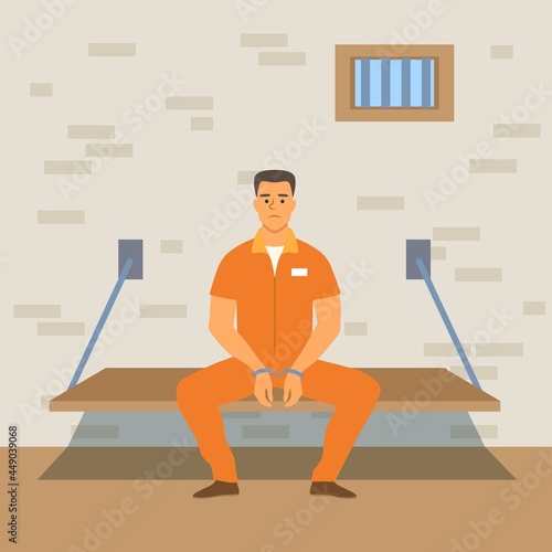 Prisoner in orange jumpsuit  is sitting in his cell. His hands are handcuffed. Vector illustration.