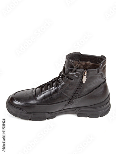 Classsic new men's black winter leather fur boots isolated on white background