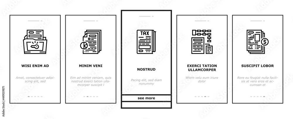 Business Finance Audit Onboarding Mobile App Page Screen Vector. Comparative Analysis And Tax Accounting, Audit Of Annual And Consolidated Financial Statement Illustrations