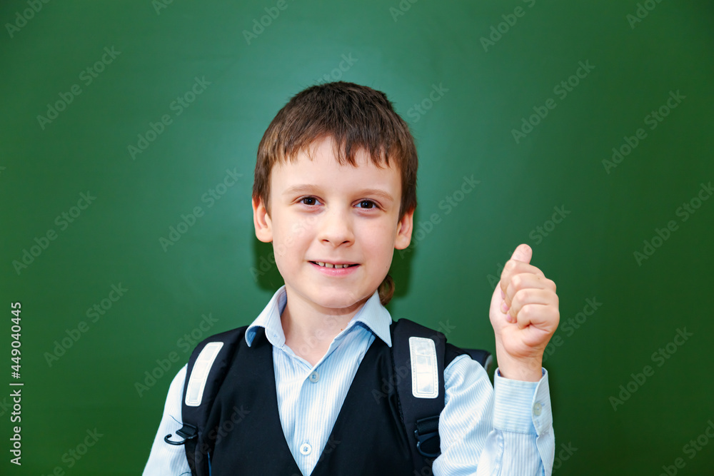 Funny schoolboy grimaces near the green school board in the classroom.