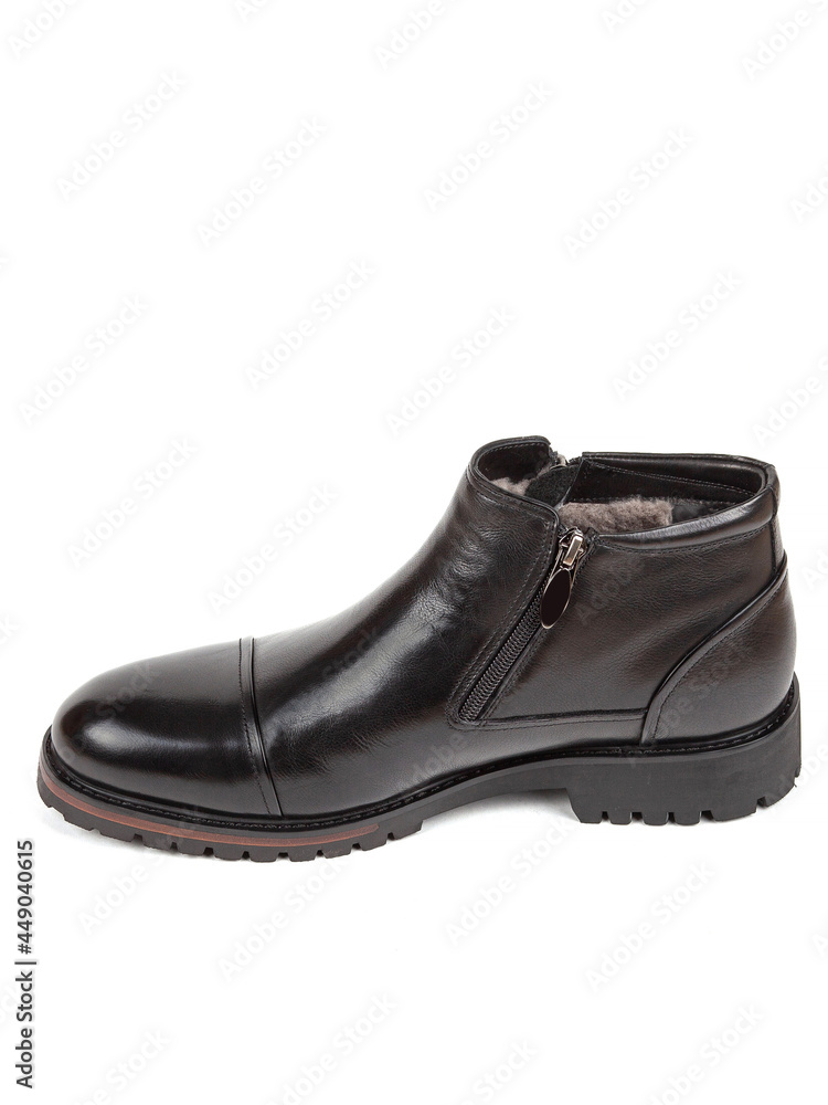 Classsic new men's black winter leather fur boots isolated on white background Classsic new men's black winter leather fur boots isolated on white background