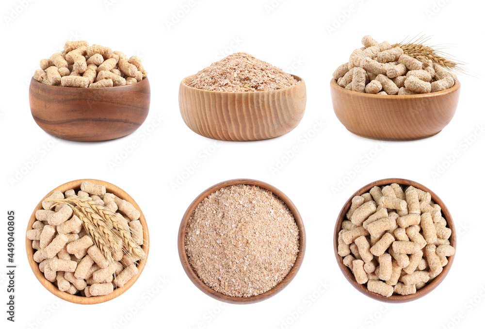 Set with wheat bran on white background Set with wheat bran on white background