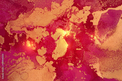 Abstract magenta and gold background with marble texture and shining glitter. Vector stone surface in alcohol ink technique. Fluid art illustration for poster  flyer  brochure design.