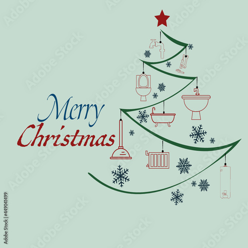 Card with  elegant Christmas  tree and Plumbing supply tools decorations.
