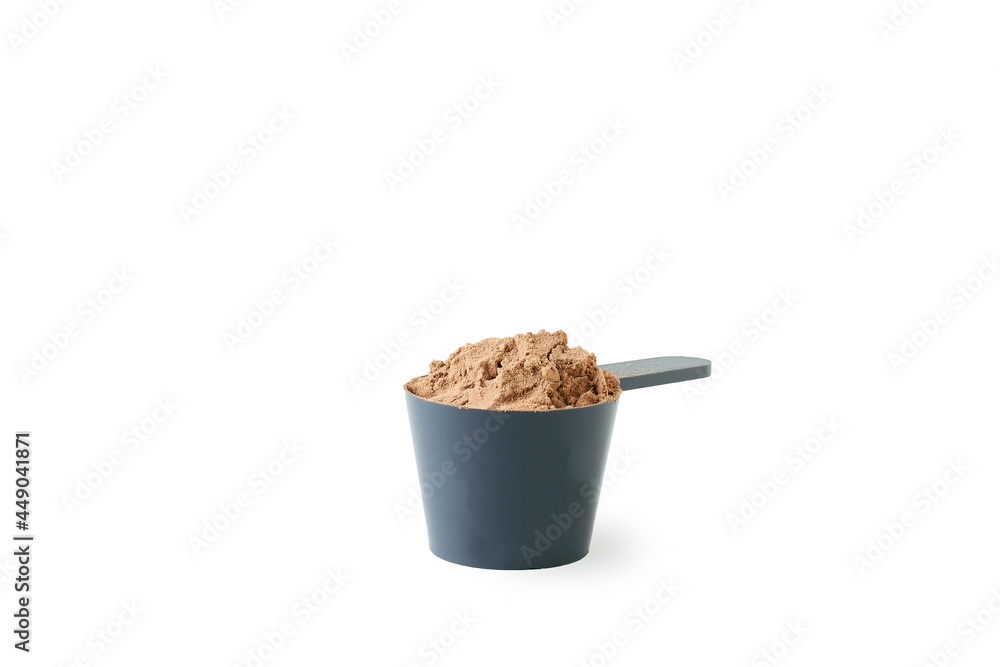 Whey protein powder in scoop isolated on white Stock Photo