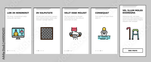 Elderly People Care Onboarding Mobile App Page Screen Vector. Golf Game And Chess Playing, Swimming Exercise And Training Elderly Grandfather And Grandmother Illustrations