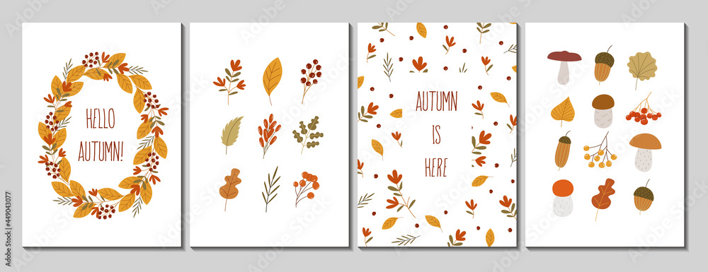 Set of autumn cards. Vector design for card, flyer or poster with autumn leaves, berries and mushrooms