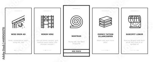 Mineral Wool Material Onboarding Mobile App Page Screen Vector. Glass And Basalt Mineral Wool, Thermal And Noise Insulation, Fire Resistance And Strength Illustrations