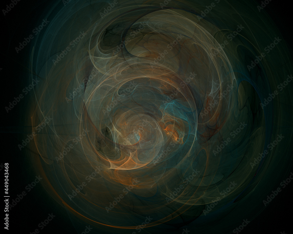 Abstract blue orange 3d whirlwind or clouds vortex with light glow in deep dark space. Science fiction, fantasy concept. Great as background, cover or element of design. Dark digital illustration. Abstract blue orange 3d whirlwind or clouds vortex with light glow in deep dark space. Science fiction, fantasy concept. Great as background, cover or element of design. Dark digital illustration.