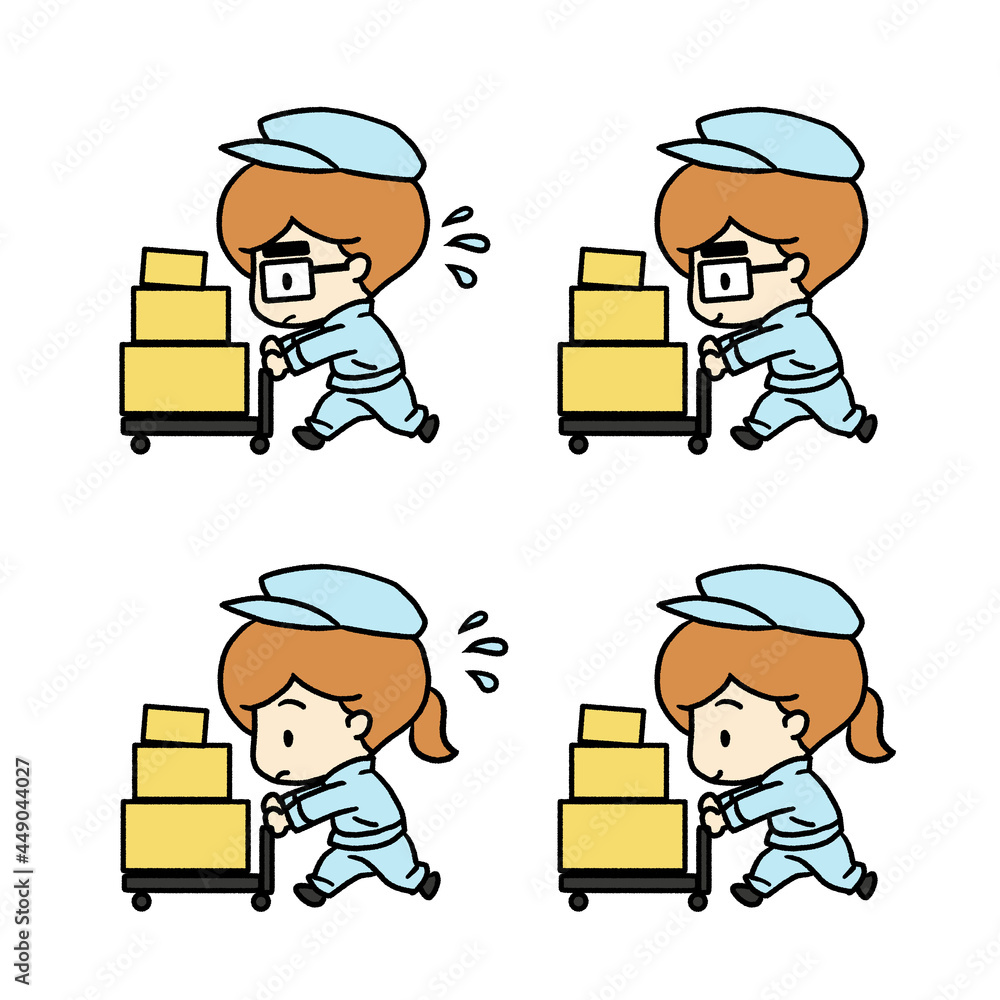 笑顔で台車を押す人と焦って台車を押す人のイラスト Stock Illustration Adobe Stock