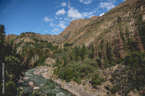 Beautiful panoramic view of the Maipo River, blue sky and the hills of the Andes Mountains in a sunny day