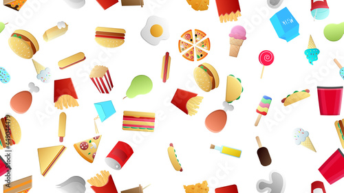 Endless white seamless pattern of delicious food and snack items icons set for restaurant bar cafe: fast food, cheat meat, burger, pizza, hot dog, sandwich, fruits, vegetables. The background
