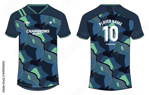 Sports jersey t shirt design concept vector template, Abstract camouflage v neck football jersey concept with front and back view for Cricket, soccer, Volleyball, Rugby, tennis and badminton uniform