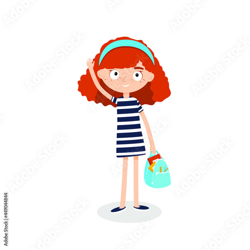Back to school cute ginger girl with a school bag in her hands. Vector illustration